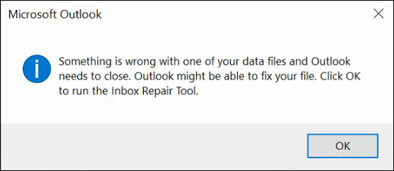 Something is wrong with one of your data files and Outlook needs to close.