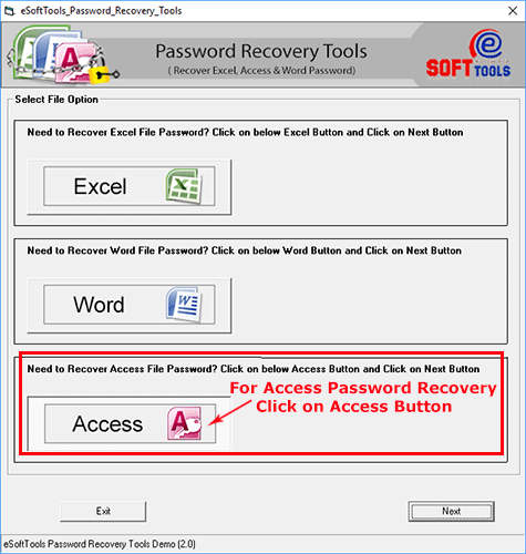 access password recovery tool first screen Ms Access Password Recovery Software Main Screen
