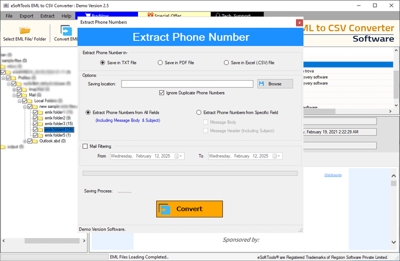 settings for extracting phone number from eml email
