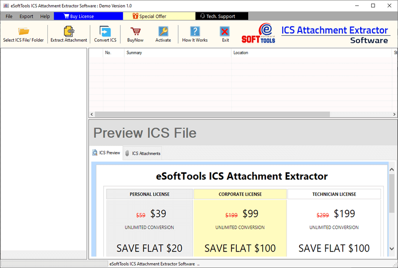 Erster Bildschirm der ICS Attachment Extractor Software