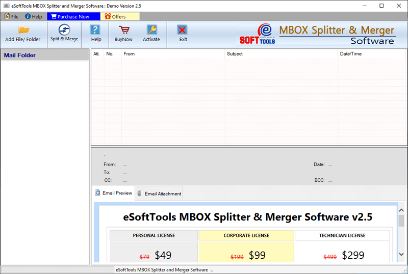 MBOX Splitter & Merger tool first screen MBOX Splitter & Merger Software Main Screen