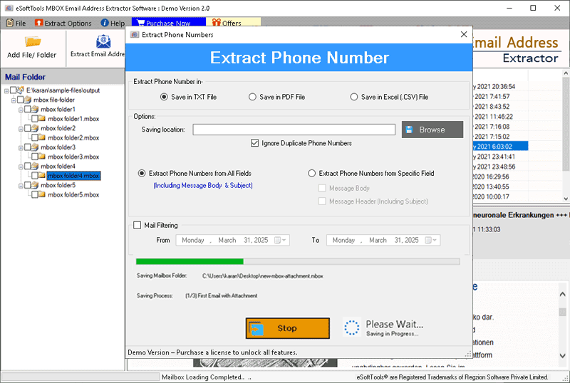 extract mbox email's phone numbers