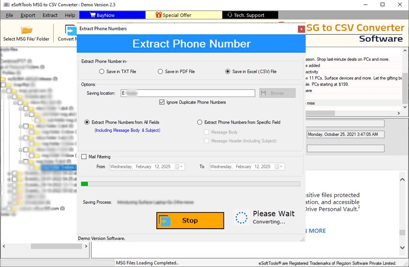 extract MSG email's phone numbers