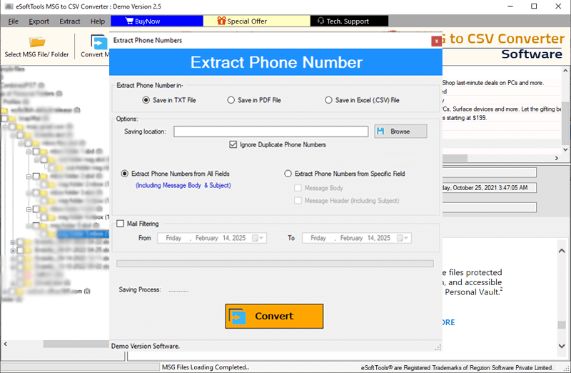 settings for extracting phone number from MSG email