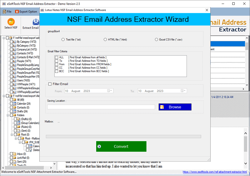 NSF Email Address Extractor software screenshot