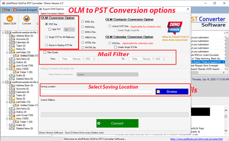 olm export to pst options