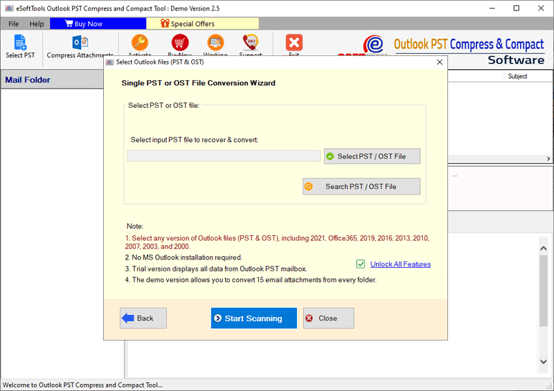 select/search PST, OST files