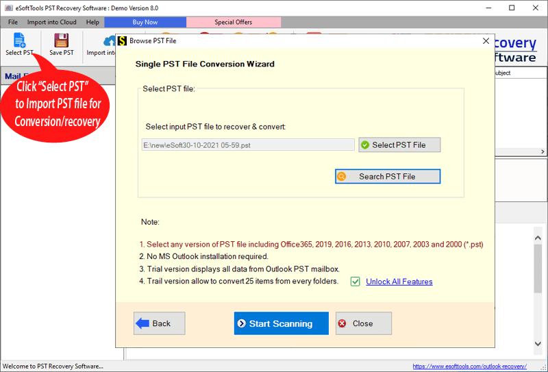 The screen to select PST file from the system