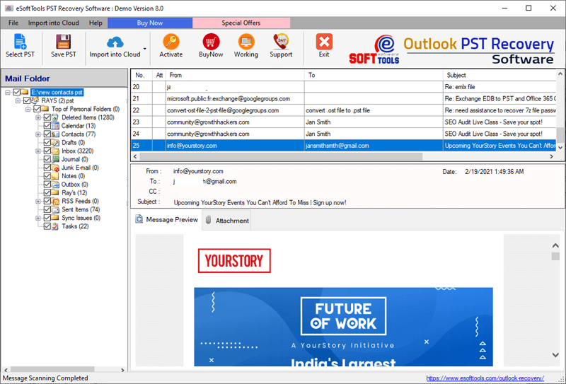 Outlook folder and items preview