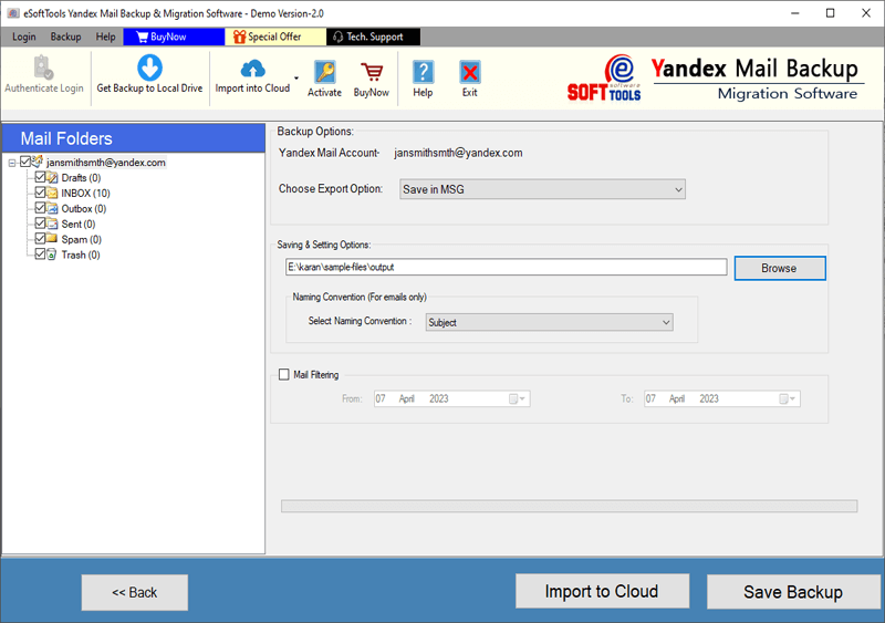email backup settings mail filter/naming options