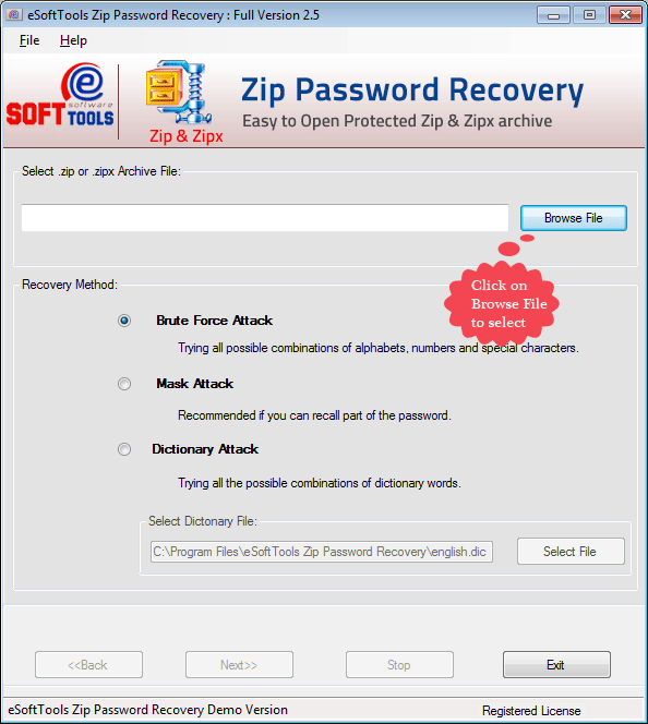 startup screen of ZIP Password Recovery
